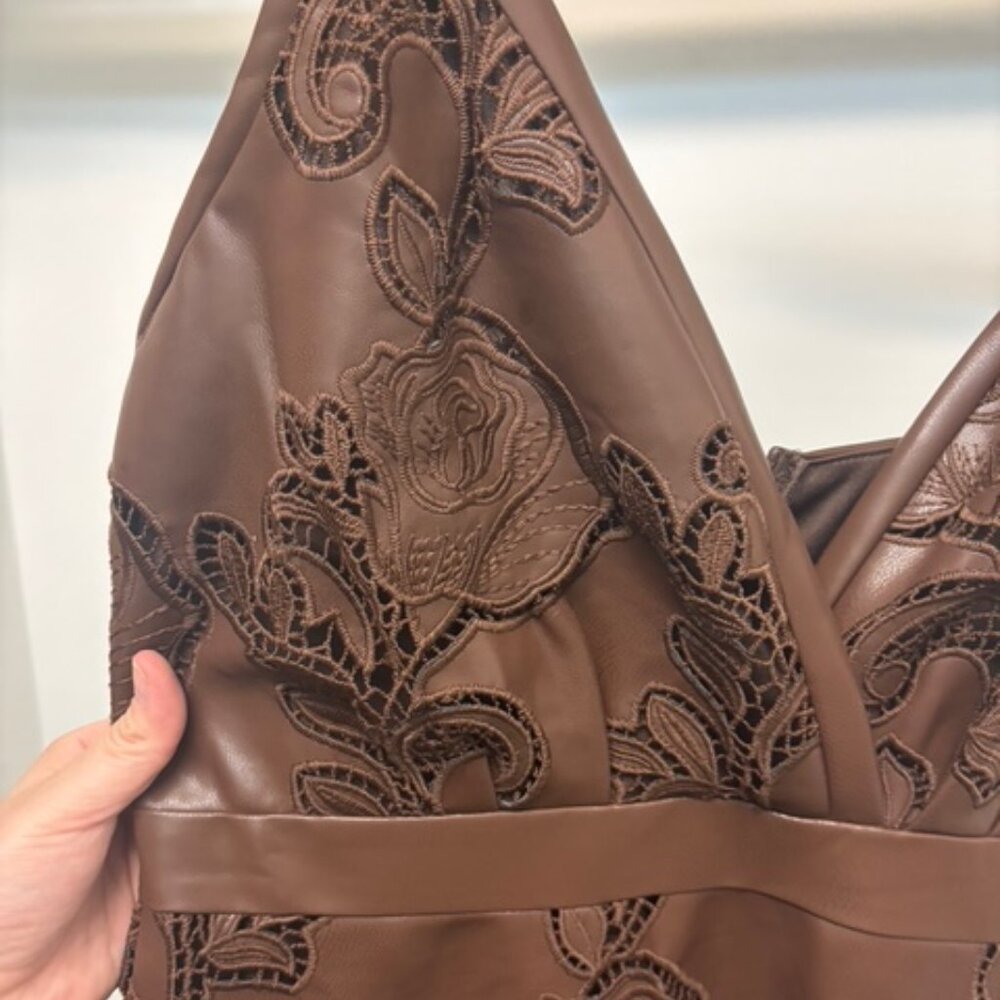 ONLY 1 LEFT! NWOT - Embroidered Dark Brown Leather Dress - Picture 6 of 10